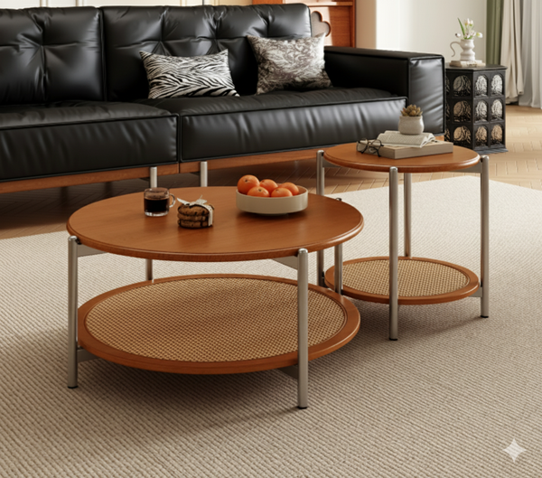 Vintage Rattan Round Nesting Coffee Table Set