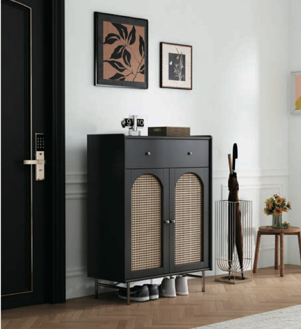 Black Rattan Panel Shoe Cabinet with Drawers