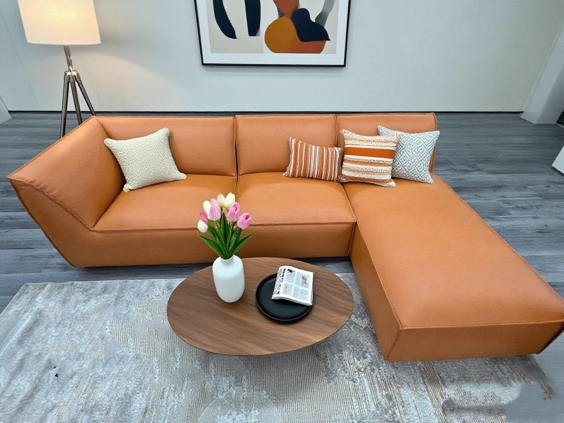 Minimalist Orange 4.5 Seat L- Shape Modular Sofa - Leather