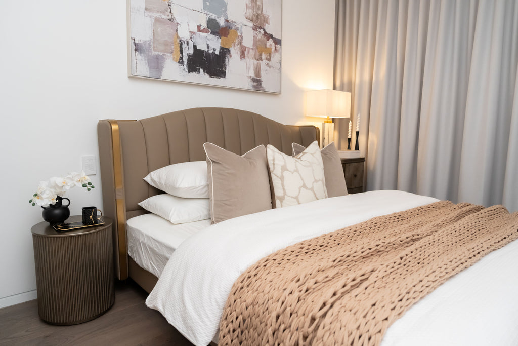 Luxe Arc Upholstered Bed with Gold Trim